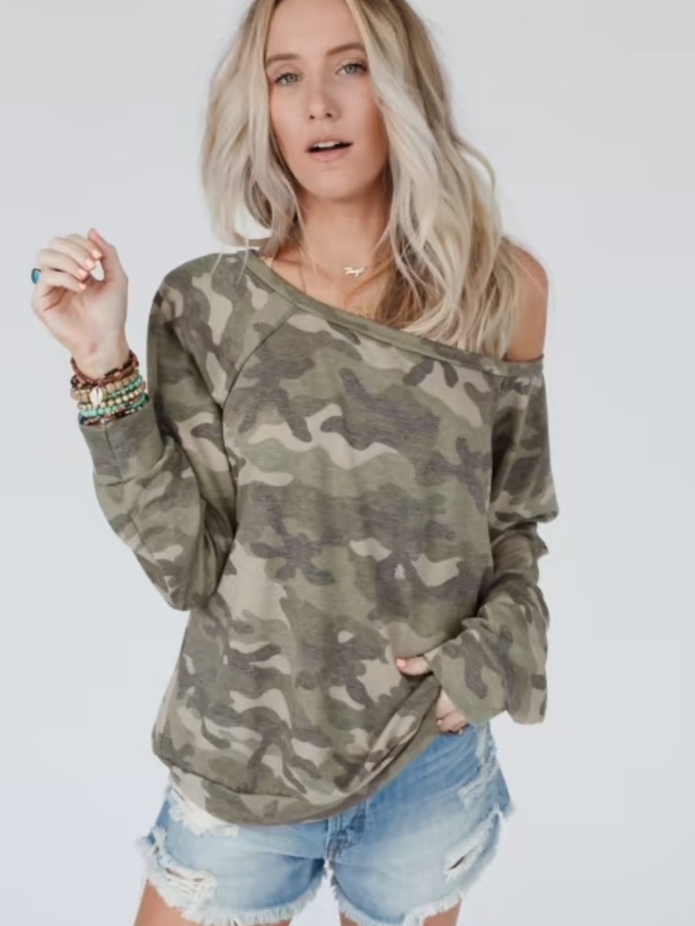 Three Bird Nest Olive Green Camo Off-Shoulder Long Sleeve Top